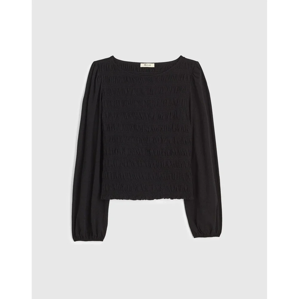 Madewell Smocked Boatneck Top Black XS NWT‎